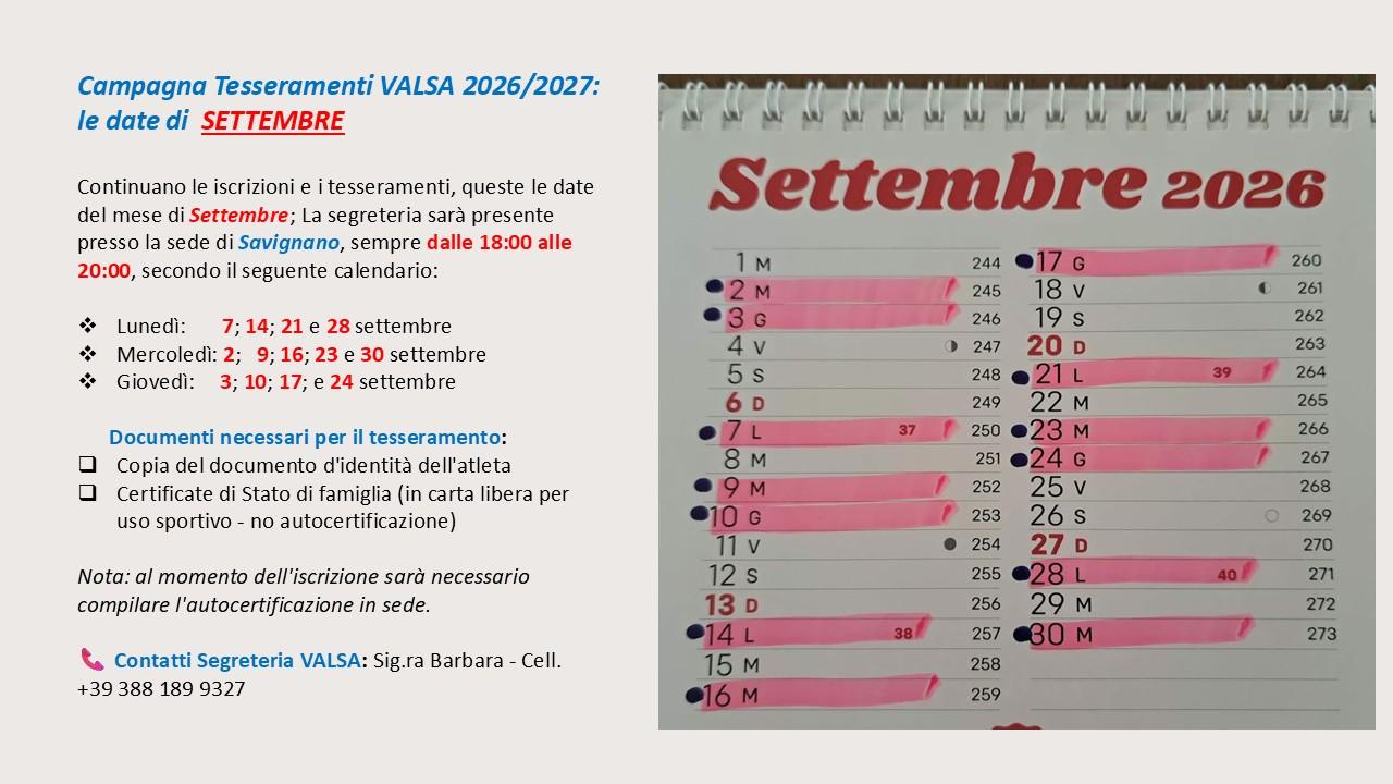 Iscrizioni Settembre Stagione 26/27